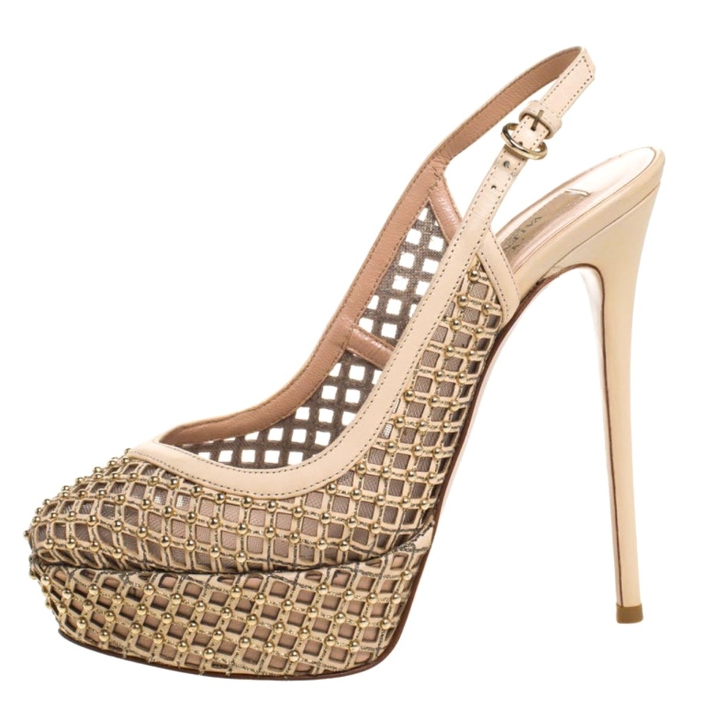 Valentino: Beige Lattice Leather Mesh Studded Slingback Pumps (Size: 7.5/ 37.5)